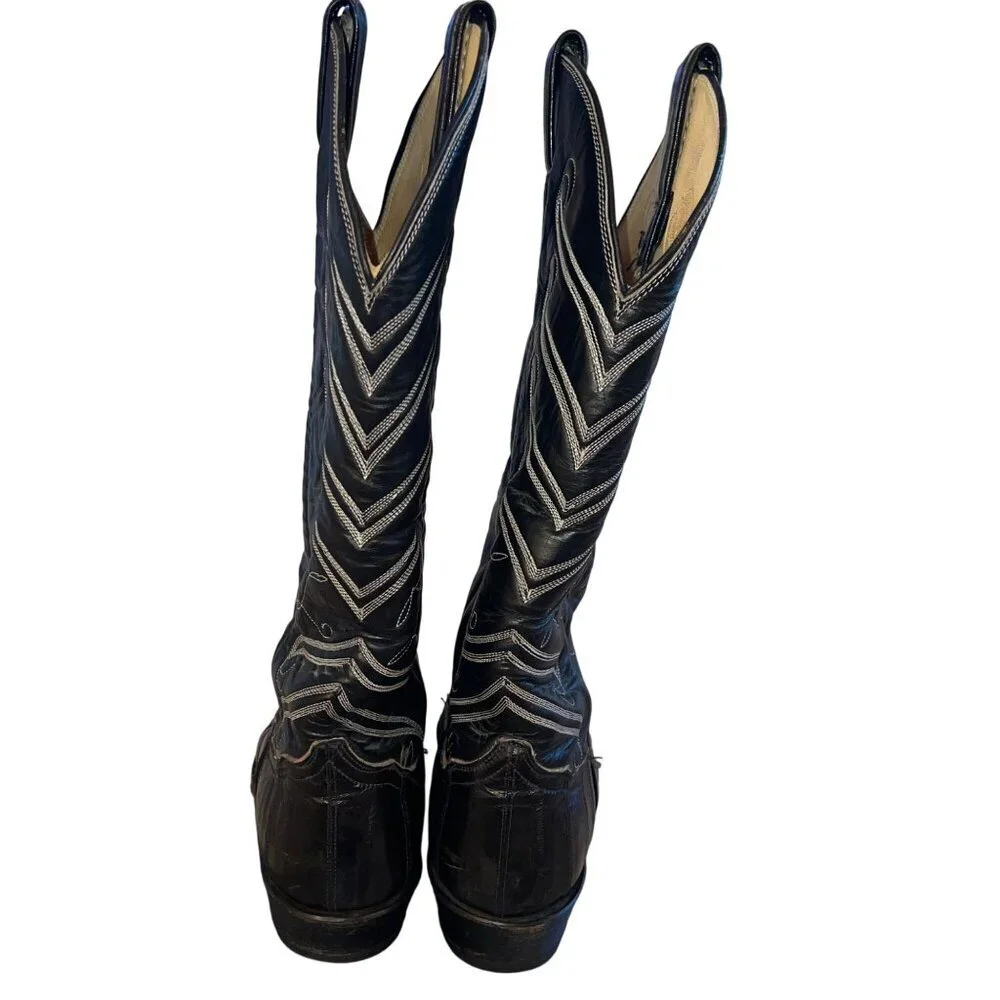 Tony Lama Mens Boots Size 7.5 Black Flame Stitch Detail Eel Skin Casual USA